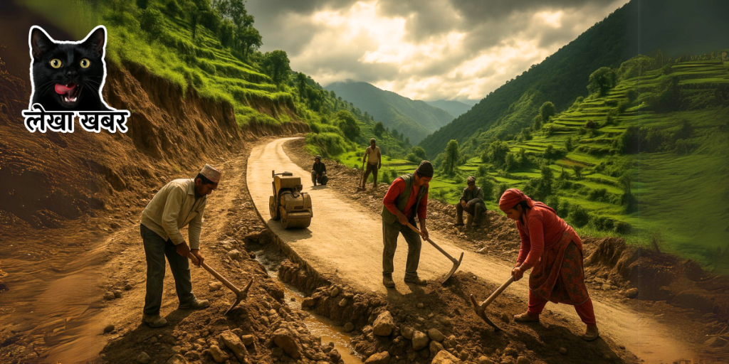 माटो सम्याउने काम गर्दै श्रमिकहरू, अपुरो ग्रामीण सडक
