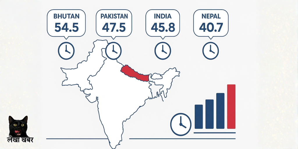 नेपाल र दक्षिण एशियाली देशहरूको साप्ताहिक कामको घण्टा तुलनात्मक तथ्यांक देखाउने चित्र, भुटान ५४.५ घण्टा, नेपाल ४०.७ घण्टा