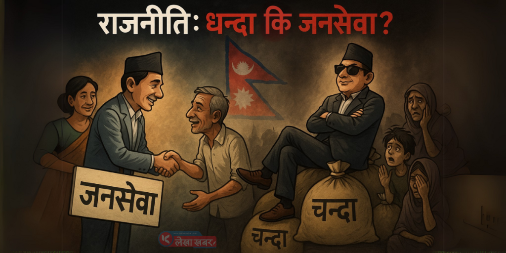 नेपाली राजनीति मा जनसेवा गर्ने नेताहरू र चन्दा–धन्दामा लिप्त नेताहरूको भिन्न चित्रण, एकै चित्रमा सेवा र स्वार्थबीचको द्वन्द्व देखाइएको छ।