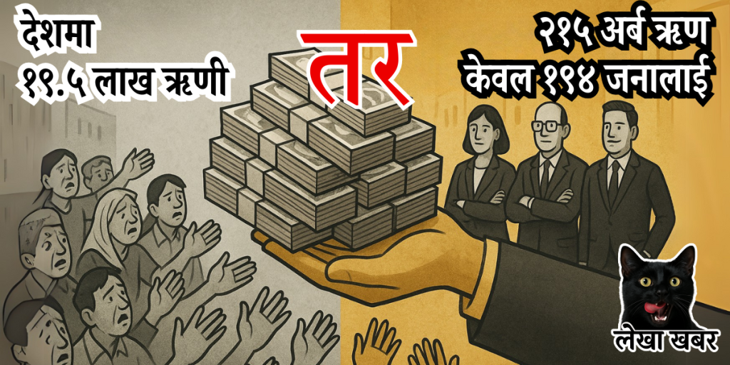 थोरै धनी व्यक्तिहरूले थुप्रै पैसा बोकेको देखिने चित्र, जसको अगाडि लाखौं सर्वसाधारण नेपाली नागरिकहरू हात खाली गर्दै उभिएका छन् — नेपालमा ऋण पहुँचमा चरम असमानता झल्काउने प्रतीकात्मक दृश्य।