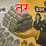 थोरै धनी व्यक्तिहरूले थुप्रै पैसा बोकेको देखिने चित्र, जसको अगाडि लाखौं सर्वसाधारण नेपाली नागरिकहरू हात खाली गर्दै उभिएका छन् — नेपालमा ऋण पहुँचमा चरम असमानता झल्काउने प्रतीकात्मक दृश्य।