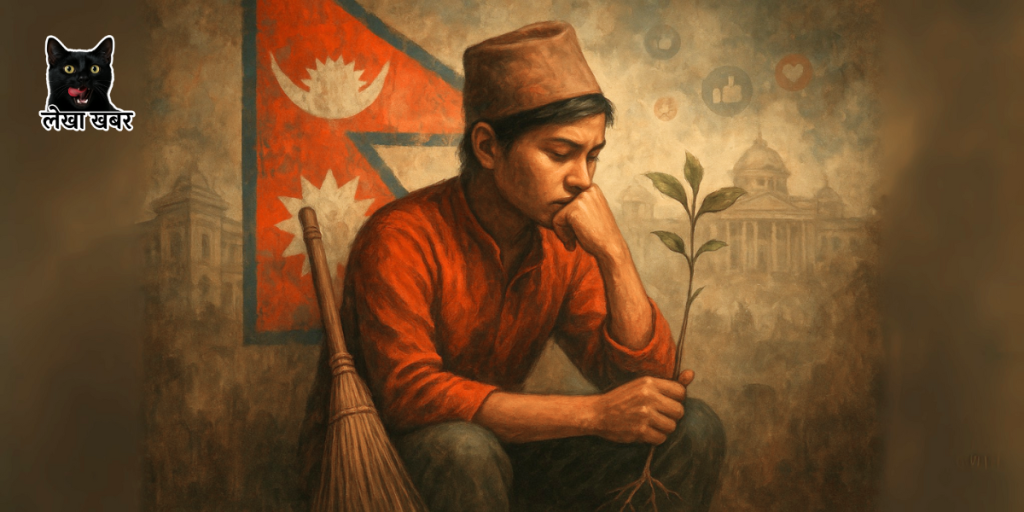 A thoughtful young person looking at the Nepali flag with disappointment and reflection. देशसँग भरोसा छैन?