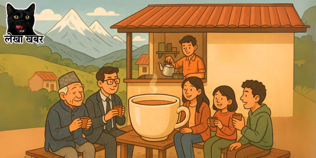 A cozy Nepali tea shop scene with people from different walks of life enjoying tea together in the morning light