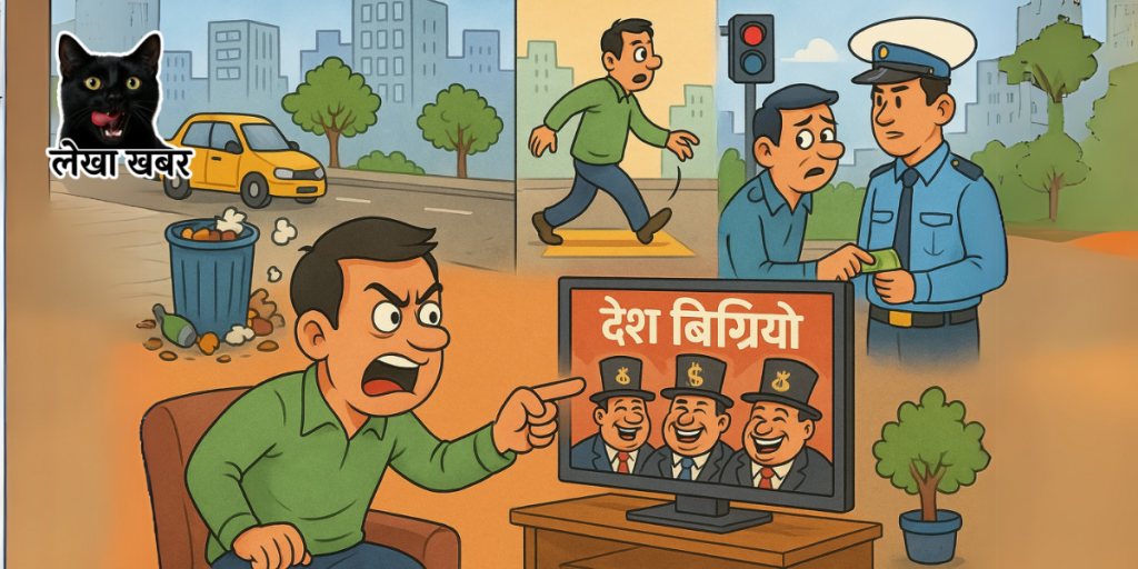सडकमा मानिसहरूको भीड, एकजनाले ट्राफिक नियम उल्लंघन गर्दै, सामाजिक मूल्य प्रदर्शन गर्ने दृश्य