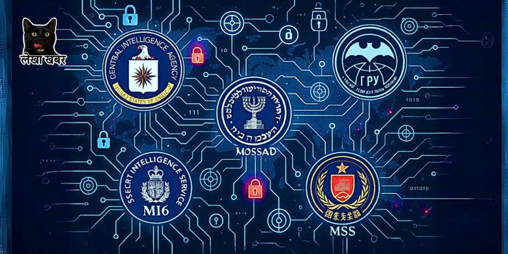 CIA, Mossad, MI6, MSS र GRU का लोगो र साइबर नेटवर्कहरू देखाउँदै विश्वका प्रमुख गुप्तचर संस्थाहरूको रणनीति