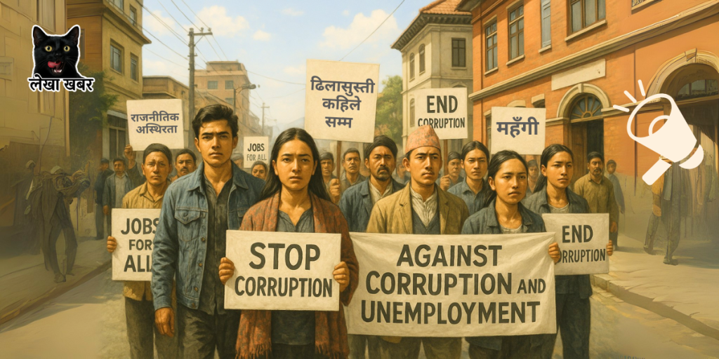 नेपालमा प्रदर्शनरत नागरिकहरू, विरोधका पोस्टर सहित