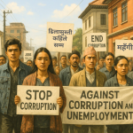नेपालमा प्रदर्शनरत नागरिकहरू, विरोधका पोस्टर सहित