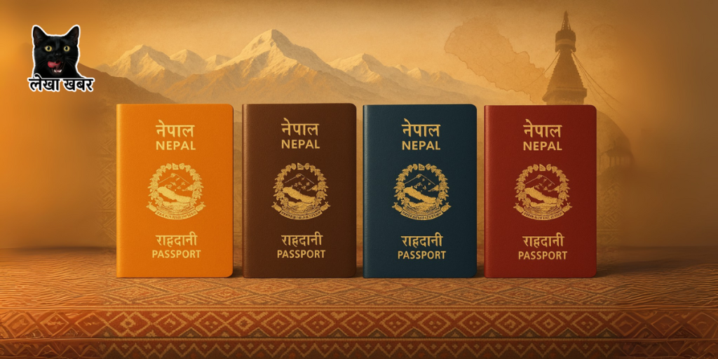 टाइगर अरेन्ज, चकलेट ब्राउन, नेभी ब्लु र क्रिमसन रेड रंगका नेपाली राहदानीहरू
