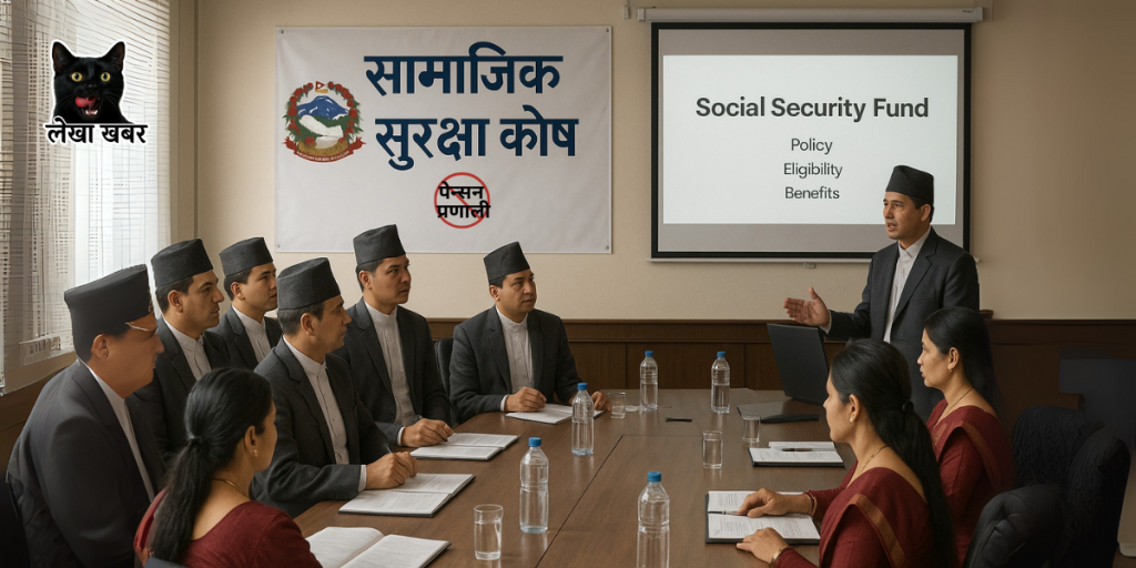सरकारी कर्मचारीहरू सामाजिक सुरक्षा कोषको निर्णयबारे छलफल गर्दै