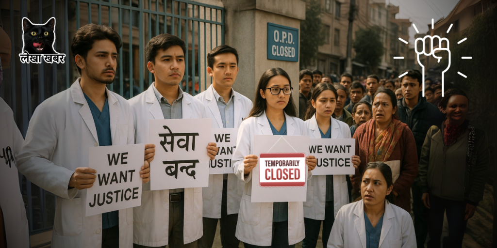 नेपालमा डाक्टरहरूद्वारा सेवा बन्दको विरोध प्रदर्शन, अस्पताल अगाडि पोस्टरसहित डाक्टरहरू