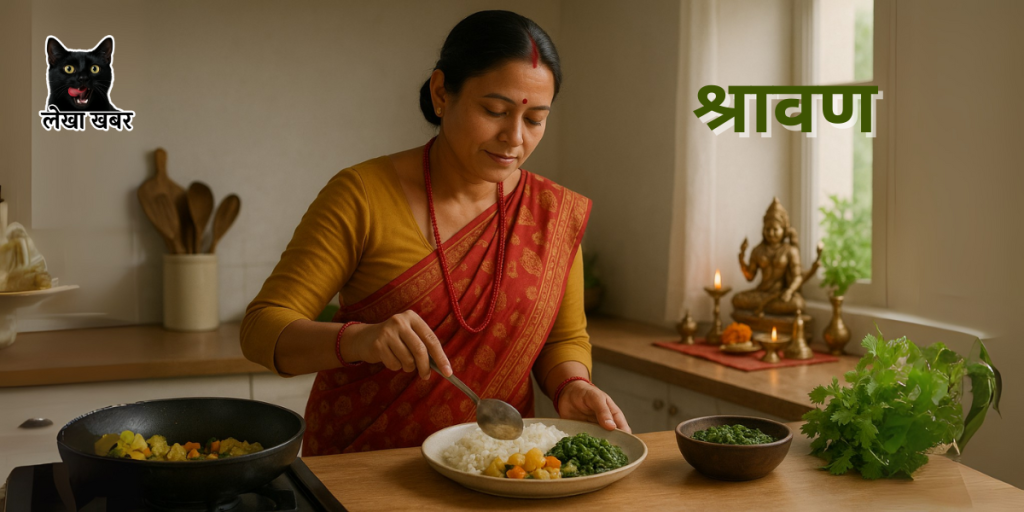 शाकाहारी भोजन लिँदै महिला, धार्मिक वातावरणमा श्रावणको अनुशासन अभ्यास