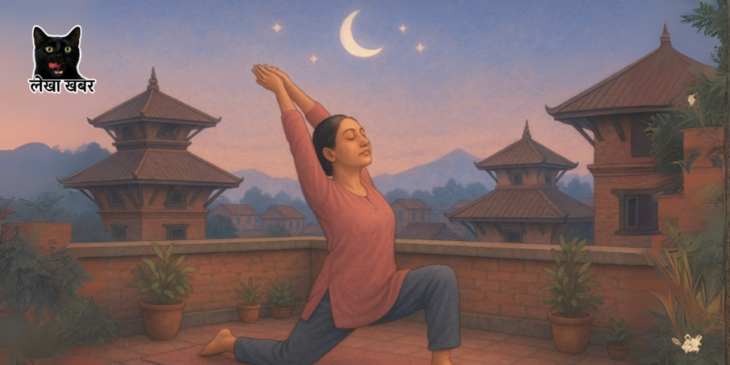 हलुका व्यायाम गरिरहेकी महिला, योग वा हिँडाइको माध्यमबाट निद्रा सुधार गर्ने प्रयास