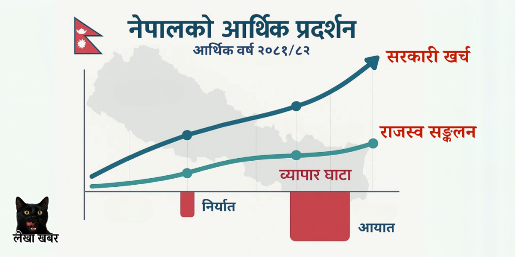 नेपालको सरकारी खर्च, राजस्व, आयात, निर्यात र व्यापार घाटा देखाउने ग्राफसहितको एक चित्रण
