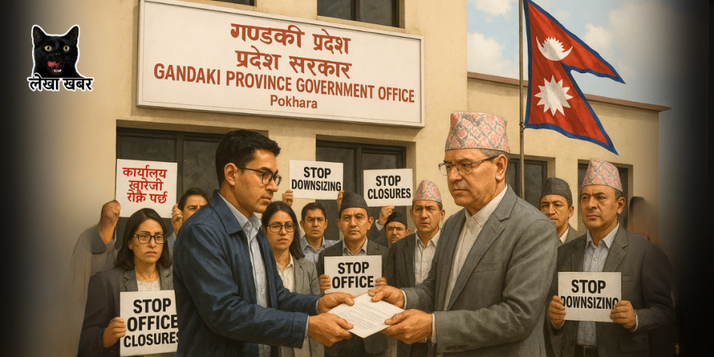 पोखरामा गण्डकी प्रदेश कर्मचारी संगठनले कार्यालय खारेजीविरुद्ध ज्ञापनपत्र बुझाउँदै