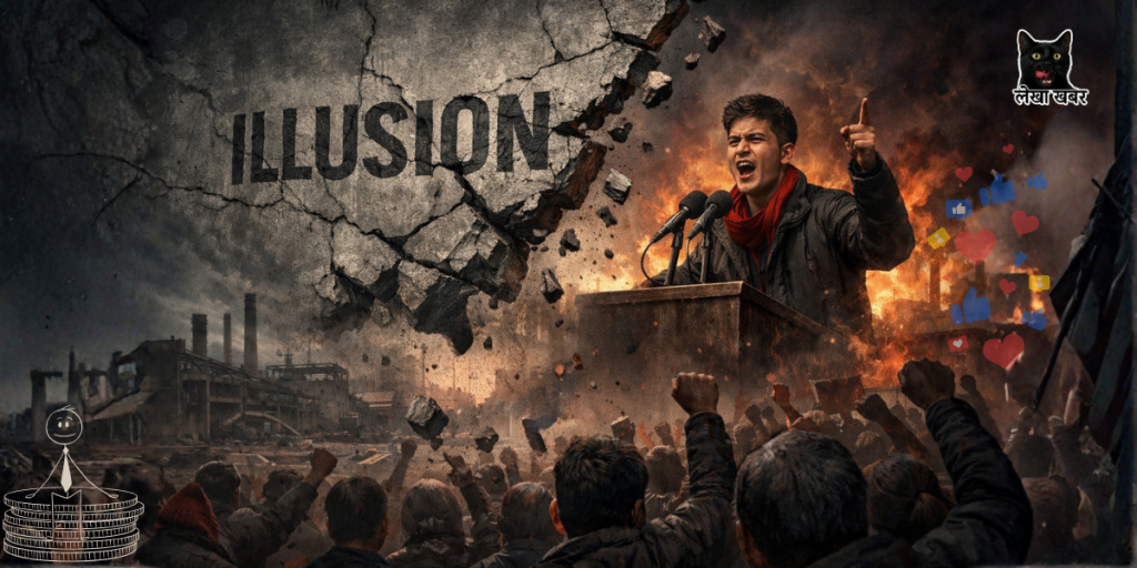 लोकप्रियतावादी नेतृत्वका कारण आर्थिक संकट र सामाजिक विभाजनमा परेको काल्पनिक देशको प्रतीकात्मक चित्र