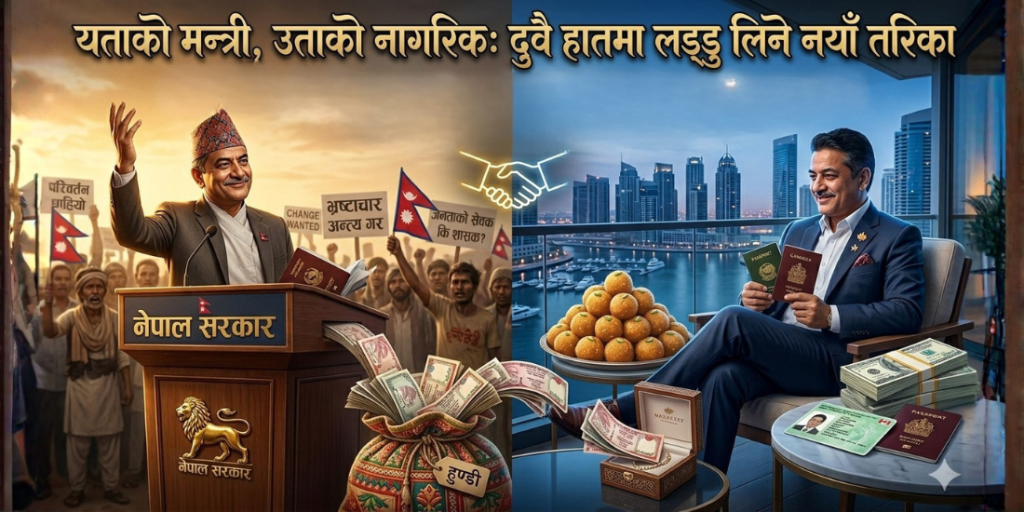 एक हातमा नेपालको मन्त्री पद र अर्को हातमा विदेशी पासपोर्ट बोकेको व्यक्तिको व्यङ्ग्यात्मक चित्र