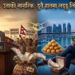 एक हातमा नेपालको मन्त्री पद र अर्को हातमा विदेशी पासपोर्ट बोकेको व्यक्तिको व्यङ्ग्यात्मक चित्र