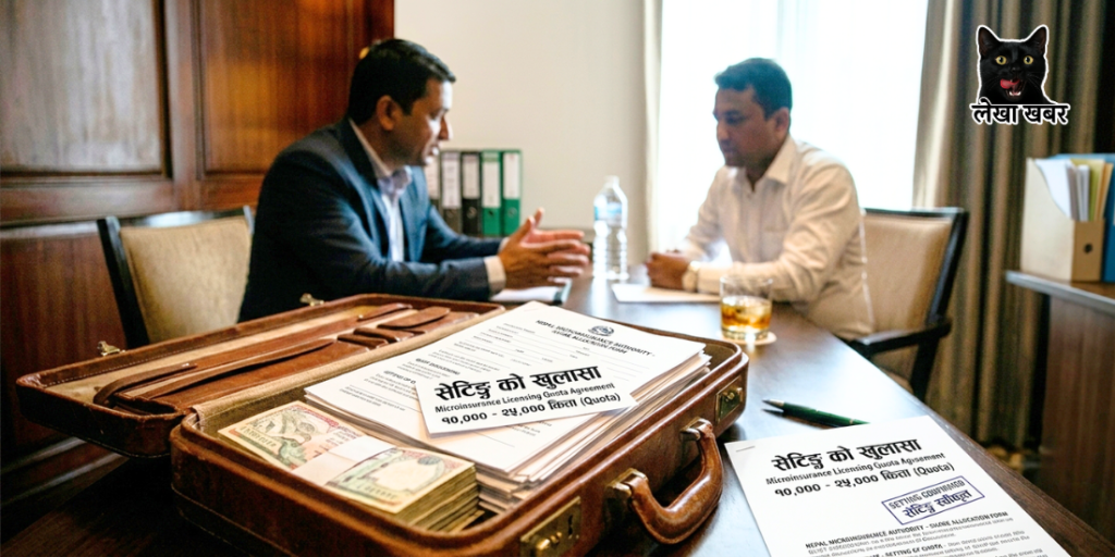 लघु बीमा लाइसेन्स वितरणमा 'सेटिङ' र 'कोटा' खुलासा गर्ने नेपाली कागजात र ब्रिफकेशमा नेपाली नोटहरू सहितको सांकेतिक तस्विर